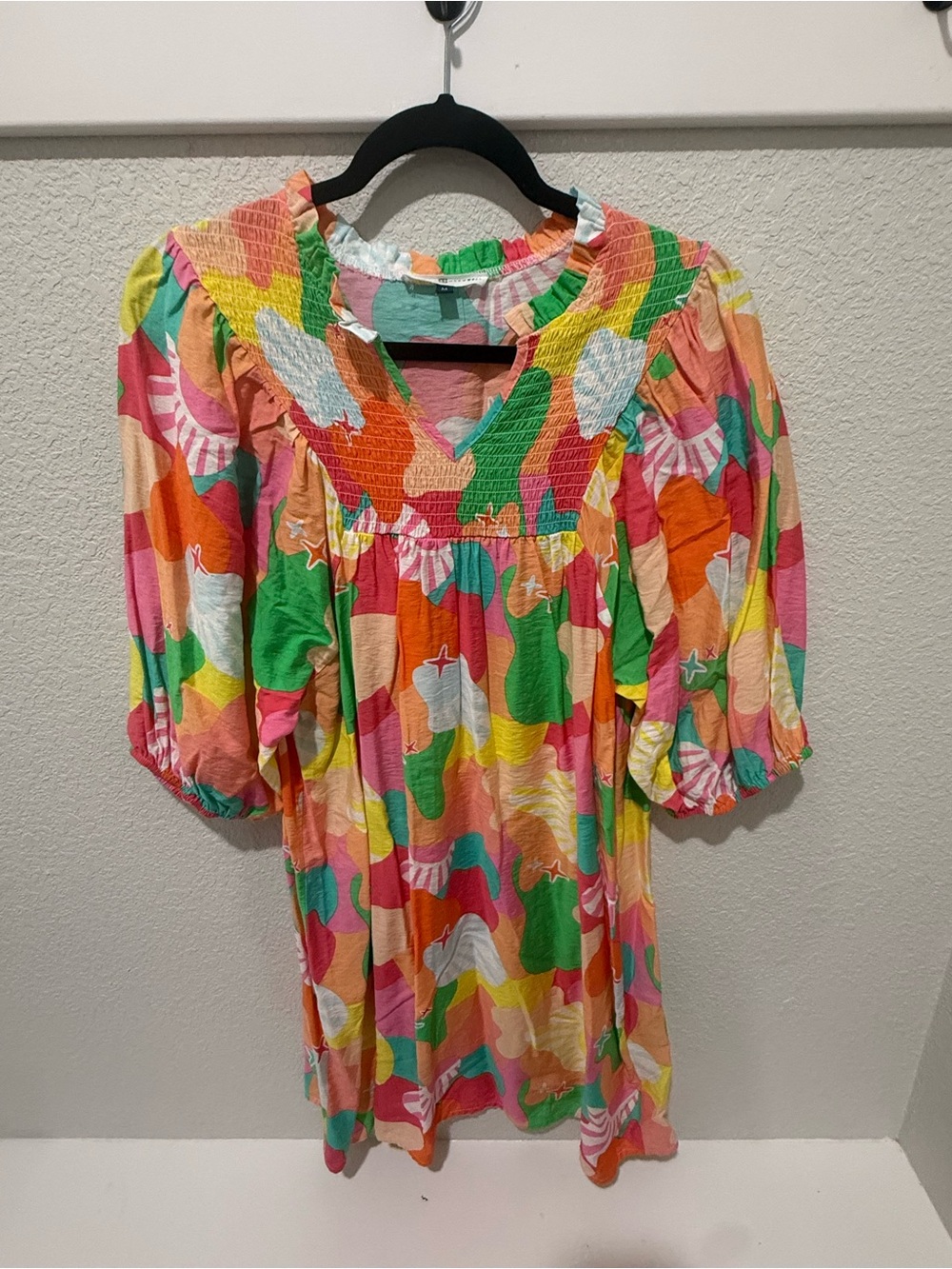 Bright Multi-Color Smocked Tunic Top - Puff Sleeve